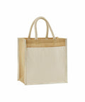 A rectangular short-handled tote bag in beige and brown, reusable and named WM483 by Westford Mill.