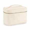 A rectangular toiletry bag in beige canvas, featuring a zip closure and a handle on top, from Westford Mill's WM558 collection.
