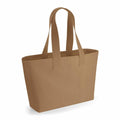 The Westford Mill WM610 brown canvas tote bag, featuring two handles, is displayed against a plain white background.