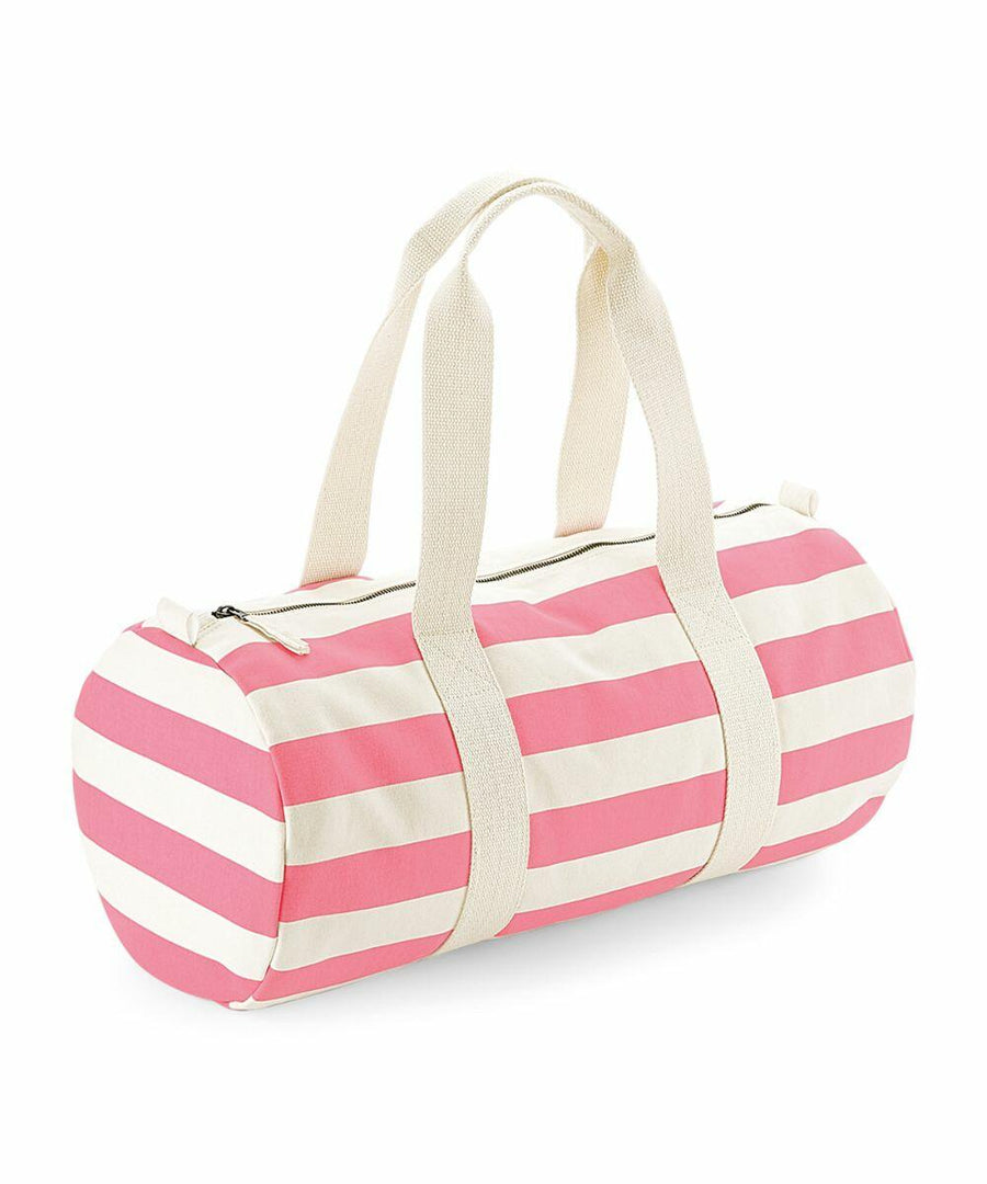 A cylindrical duffel bag with pink and white horizontal stripes, featuring beige handles and a zipper closure, the Westford Mill WM688.