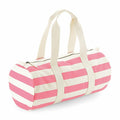A duffel bag from Westford Mill, model WM688, featuring pink and white stripes with cream handles and a zipper closure.