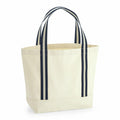 A cream-colored canvas tote bag from Westford Mill (model WM690) featuring dual navy-striped handles.