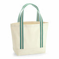 Introducing the WM690 by Westford Mill: a beige canvas tote bag featuring green and white striped handles. This versatile bag boasts a wide, open top and a flat bottom, making it perfect for carrying groceries or personal items.
