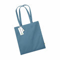 A WM801 tote bag in blue by Westford Mill with tags attached to the handles.