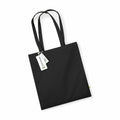 A black Westford Mill WM801 tote bag featuring two handles and a tag attached.