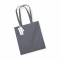 A plain gray tote bag with two handles, displayed on a white background. It features a small green tag on the side and a paper tag hanging from one handle that displays the Westford Mill branding and the product name, WM801.