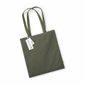 A plain olive green tote bag from Westford Mill, model WM801, with two handles and a branded tag attached to the handle. The bag is displayed against a white background.