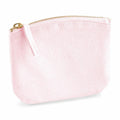 The WM825 by Westford Mill is a compact canvas pouch in light pink, featuring a gold zipper with a matching pink pull. Its minimalist, rounded design stands out against a white background.