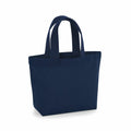 A product image of the WM845 navy blue tote bag from Westford Mill, featuring two handles, displayed on a plain white background.