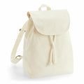 Introducing the Westford Mill WM880, a sleek cream-colored backpack featuring a flap closure with drawstring ties and adjustable shoulder straps.