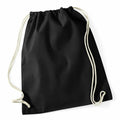 The Westford Mill WM910, a black drawstring backpack featuring white cords, is displayed against a white background.