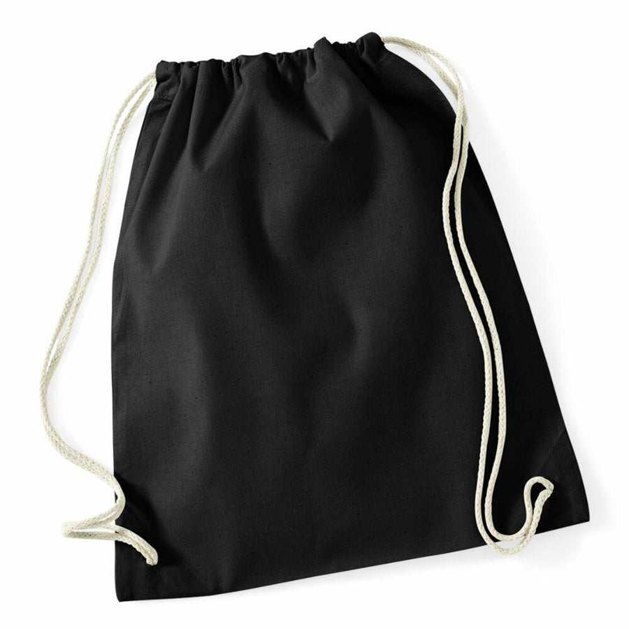 The Westford Mill WM910, a black drawstring backpack featuring white cords, is displayed against a white background.