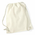 The WM910 drawstring backpack by Westford Mill features a simple beige design with white ropes, set against a white background.