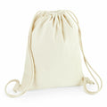 The Westford Mill WM960 plain beige drawstring backpack, featuring two rope-like straps, is displayed against a white background.
