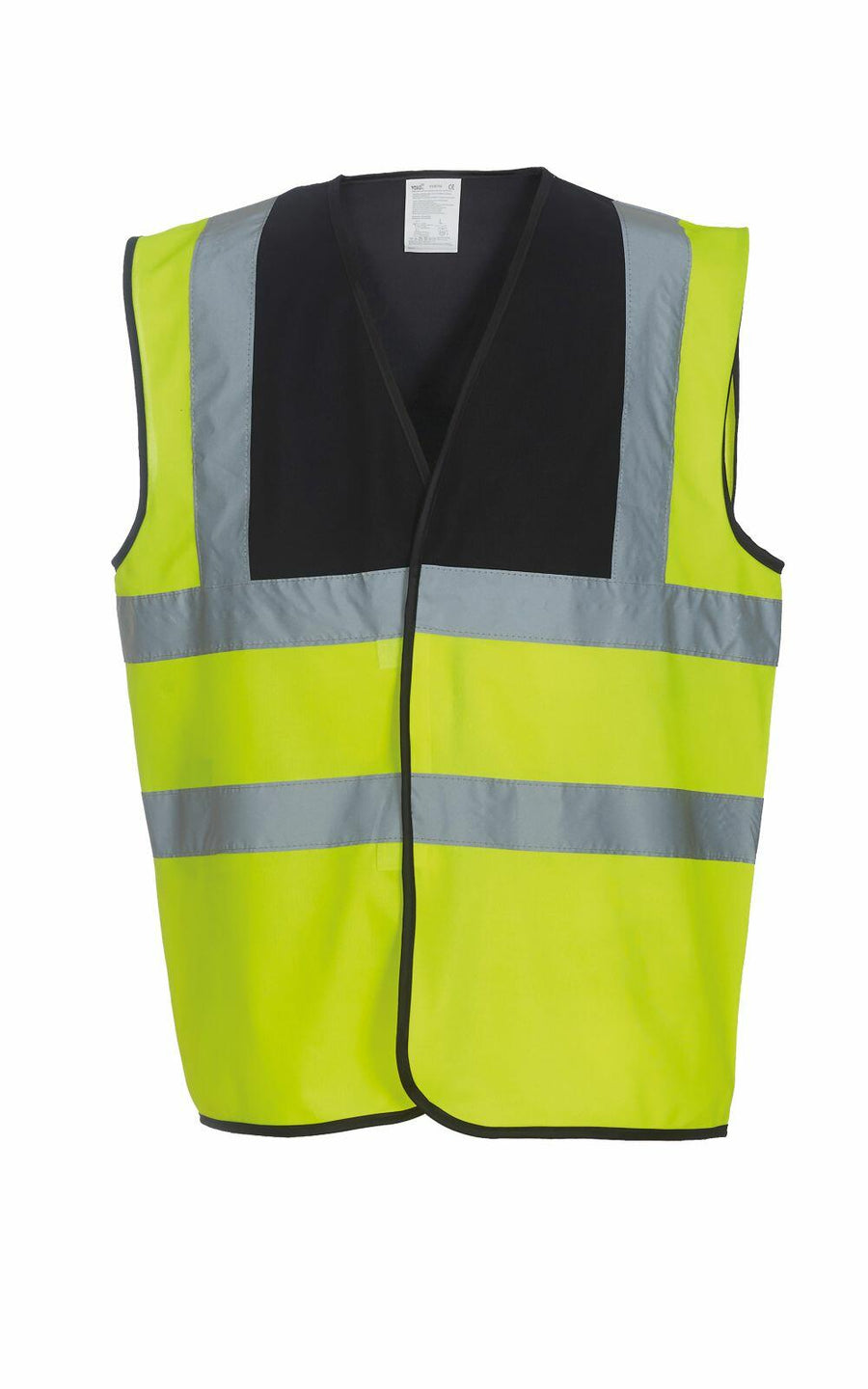 The Yoko YK001 is a fluorescent yellow safety vest featuring reflective silver stripes and black trim.