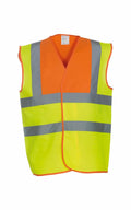 The Yoko YK001 is a fluorescent safety vest in bright orange and yellow, featuring reflective gray strips arranged horizontally and vertically. This sleeveless vest is designed for high visibility.