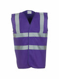 The Yoko YK001 is a sleeveless purple safety vest featuring silver reflective stripes that run both horizontally and vertically. Made from lightweight material, it is designed to ensure high visibility in various work environments.