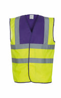The Yoko YK001 is a high-visibility safety vest in bright yellow and purple, featuring reflective gray stripes, designed to enhance safety in low-light conditions.