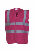The Yoko YK001 is a pink high-visibility safety vest featuring gray reflective stripes on both the front and back. It is sleeveless and comes with a front zipper.