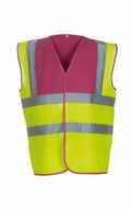 Introducing the Yoko YK001: a high-visibility safety vest designed with bright yellow fabric, reflective silver stripes, and magenta accents on the shoulders and edges.
