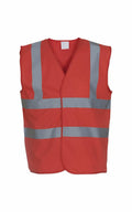 The Yoko YK001 safety vest, featuring a vibrant red color and silver reflective stripes, is showcased against a white background. This vest is designed with a V-neck and sleeveless style.
