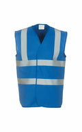 The Yoko YK001 is a sleeveless, lightweight safety vest in blue, featuring reflective silver stripes on the front for enhanced visibility. It's perfect for construction work or outdoor activities and is shown against a plain white background.