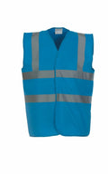 Introducing the Yoko YK001, a blue safety vest featuring reflective horizontal stripes across the chest and waist for enhanced visibility. This sleeveless vest is designed with a V-neck opening.