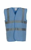 The Yoko YK001 is a sleeveless safety vest featuring reflective gray stripes across the front. It has a V-neck design and is crafted from lightweight material, making it ideal for visibility in work environments.
