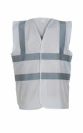 The Yoko YK001 is a white safety vest featuring gray reflective horizontal and vertical stripes on the front. It is sleeveless with a V-neck design, making it suitable for construction or road work environments.