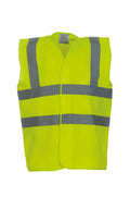 The Yoko YK001 is a vibrant yellow safety vest featuring reflective gray stripes across the front and shoulders, specifically designed for high visibility.