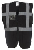 Yoko's YK002 safety vest in black features gray reflective strips and multiple pockets.