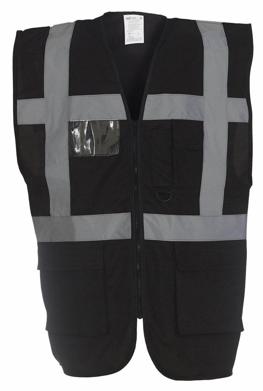 Yoko's YK002 safety vest in black features gray reflective strips and multiple pockets.
