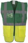 Yoko's YK002 is a green and yellow safety vest featuring reflective gray stripes, a front zipper, a clear ID pocket, and spacious front pockets.