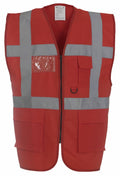 The Yoko YK002 is a red safety vest featuring gray reflective stripes and multiple pockets, including one with a transparent cover.