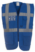 The Yoko YK002 is a blue safety vest that includes reflective silver stripes, multiple pockets, and a transparent ID holder on the chest.