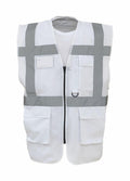 Yoko's YK002 safety vest is white with gray reflective stripes and includes multiple pockets along with a front zipper.