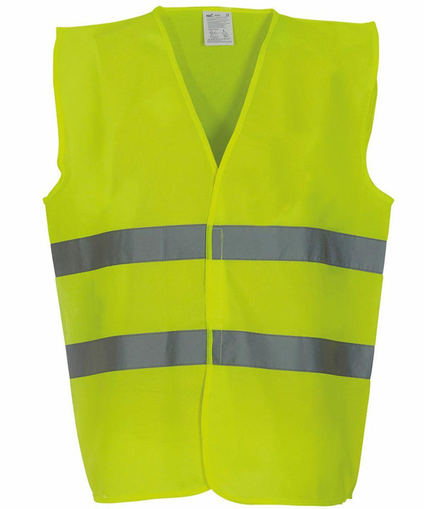 A Yoko YK003 high-visibility safety vest in neon yellow color with two horizontal reflective silver stripes.
