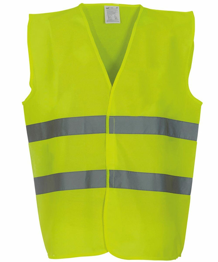 A Yoko YK003 high-visibility safety vest in neon yellow color with two horizontal reflective silver stripes.