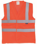 A sleeveless Yoko high-visibility safety vest, model YK006, features an orange color with gray reflective stripes across the chest and waist, and a label sewn on one side.