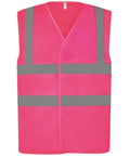 The Yoko YK006 is a pink safety vest featuring gray reflective stripes across the chest and back. It is sleeveless and open at the front, engineered for high visibility, and displayed against a white background.