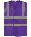 A Yoko YK006 purple mesh safety vest featuring two horizontal and two vertical reflective silver stripes.