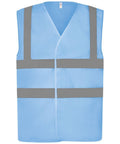 Yoko's YK006 safety vest comes in light blue and features reflective gray stripes, a V-neck design, and mesh fabric.