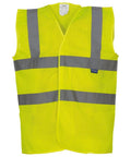 Introducing the Yoko YK006, a high-visibility safety vest in a vibrant yellow color with gray horizontal stripes and a small label on the front. This vest is designed to enhance visibility and ensure safety in diverse work or outdoor settings.