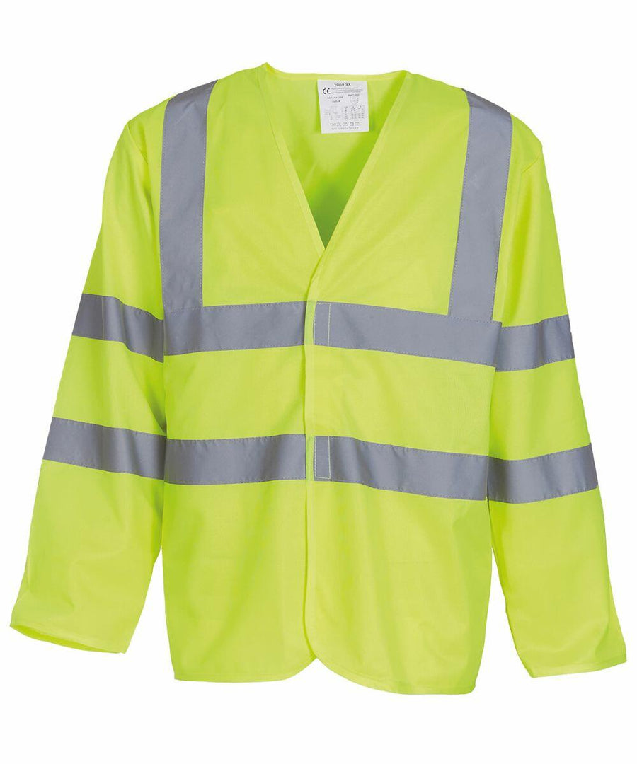 A Yoko YK007 safety jacket with fluorescent yellow color and reflective horizontal and vertical stripes.