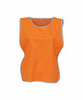 The Yoko YK009 safety vest features a vivid orange color with gray reflective trim along the sides and around the armholes, specifically designed to enhance visibility.