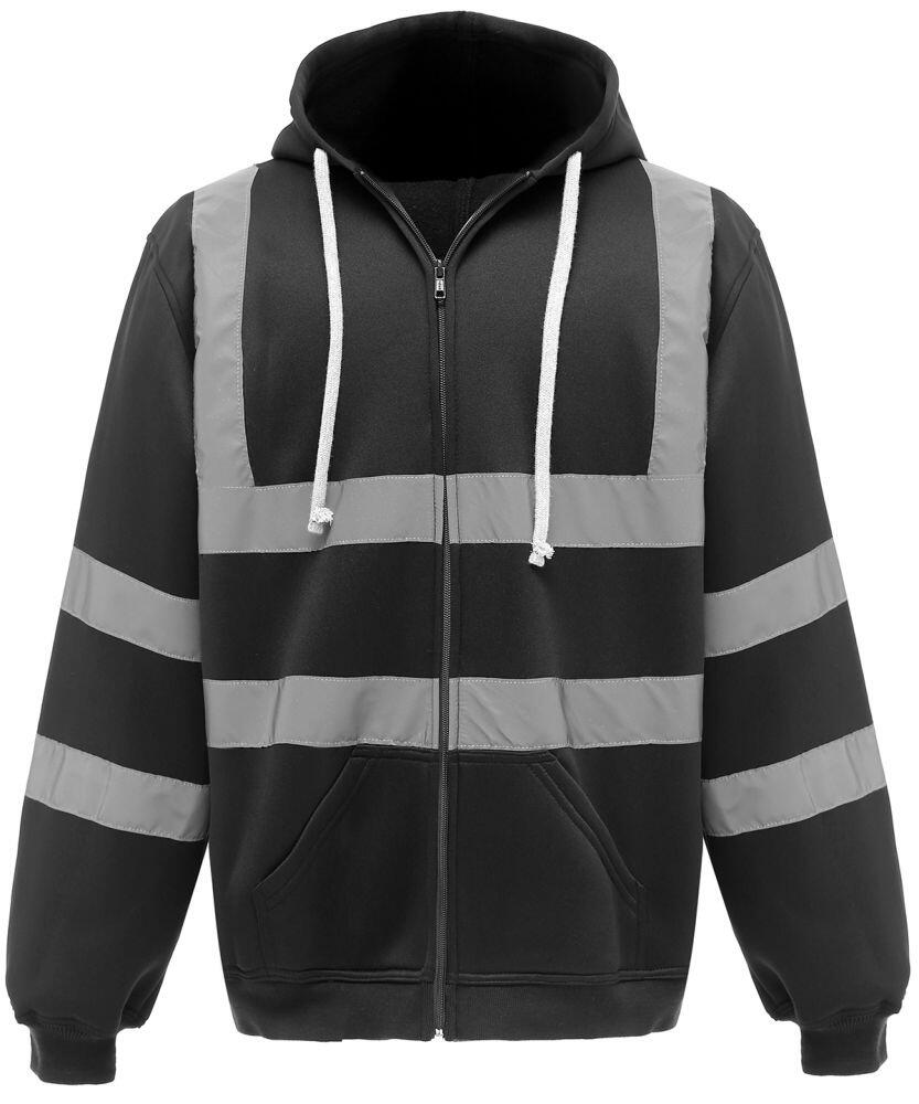 Yoko YK012 hoodie in black, featuring gray reflective stripes, a front zipper, white drawstrings on the hood, and two front pockets.