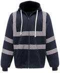 A black Yoko YK012 zip-up hoodie featuring gray reflective stripes and white drawstrings.
