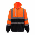 The Yoko YK012 is a high-visibility hooded sweatshirt in bright orange with reflective gray stripes on the chest, sleeves, and midsection. It has a black lower half and sleeves, and it features a front zipper along with drawstrings on the hood.