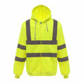 The Yoko YK012 is a neon yellow safety hoodie with a zipper, featuring gray reflective stripes across the chest, sleeves, and shoulders. It includes a hood with drawstrings and front pockets.
