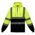 The Yoko YK012 is a high-visibility zip-up hoodie in fluorescent yellow and black, featuring wide reflective silver stripes across the chest, waist, and arms. It also includes a drawstring hood.